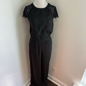 New York & Company Satin Black Short Lace Sleeve Wide Leg Jumpsuit Pockets S